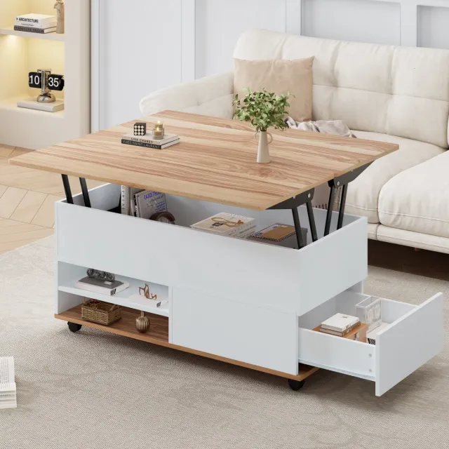 Wishdor Salontafel - Hoogteverstelbaar met lades - Hydraulisch en verrijdbaar - Modern - Woonkamer kantoor eetkamer - Bewerkt hout - Wit naturel houtkleur - 100 x 98 x 65 cm