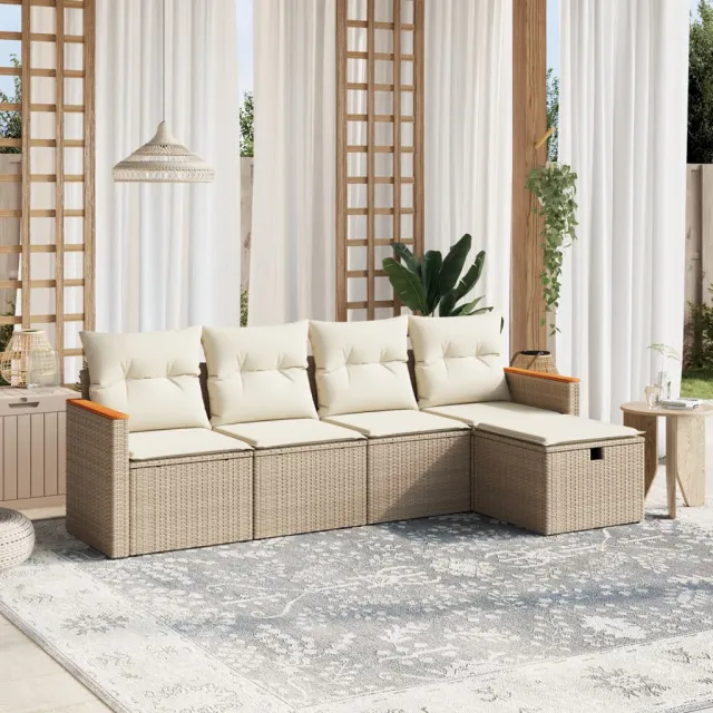 vidaXL 5-delige Loungeset met kussens poly rattan beige, foto 2