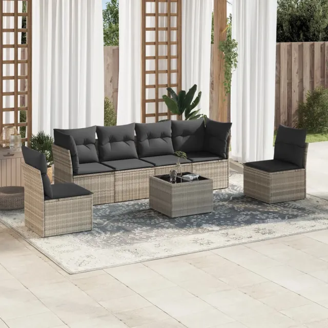 vidaXL 7-delige Loungeset met kussens poly rattan lichtgrijs grijs, foto 2