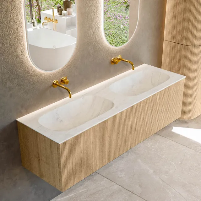 Mondiaz KURVE-DLUX 150 cm Onderkast Greeploos 2 Lades Zonder Deuren Oak, Wastafel Solid Surface Dubbel Opalo 0 Kraangaten Zonder Spiegel (KRVSTS1502L0D0KD-Oak/Opa)