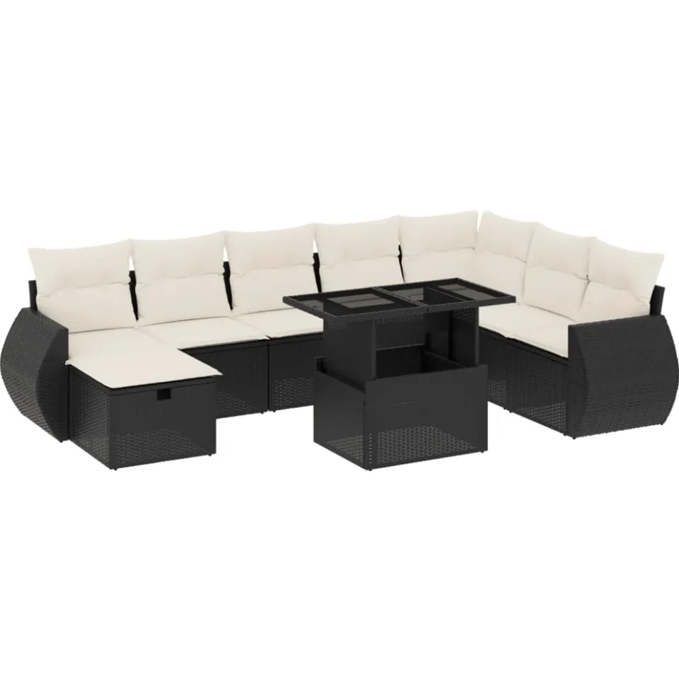vidaXL 9-delige Loungeset met kussens poly rattan zwart, foto 3