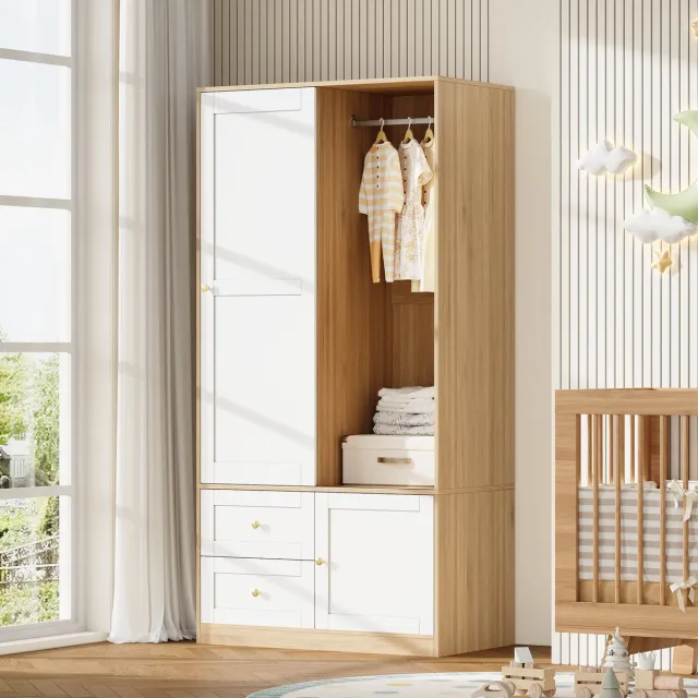 MEUNIQ kledingkast met schuifdeur 90 x 50 x 180 cm, met kledingstang, lades en vakken, deels open opbergruimte voor slaapkamer, naturel en wit