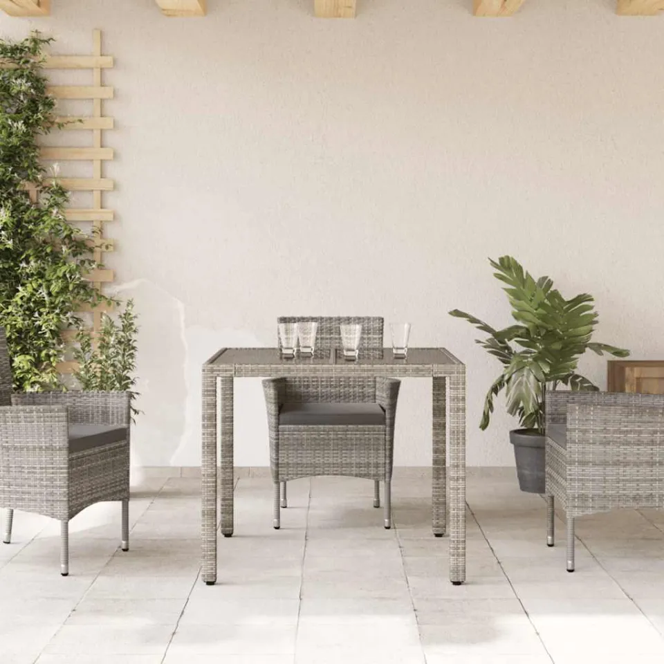 vidaXL Tuintafel met glazen blad 90x90x75 cm poly rattan grijs, foto 3