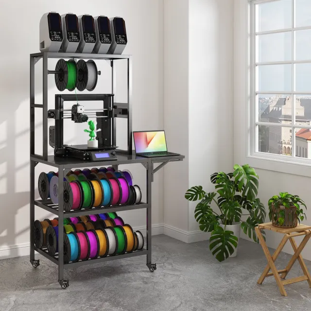 MIVRAY Statafel – 3D-Printerstand Met Wielen En T-Vormige Filamenthouder – 72,9 x 58,9 x 166,1 cm – Metaal – Zwart – Werkplaats