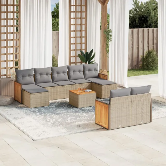 vidaXL 10-delige Loungeset met kussens poly rattan beige, foto 2