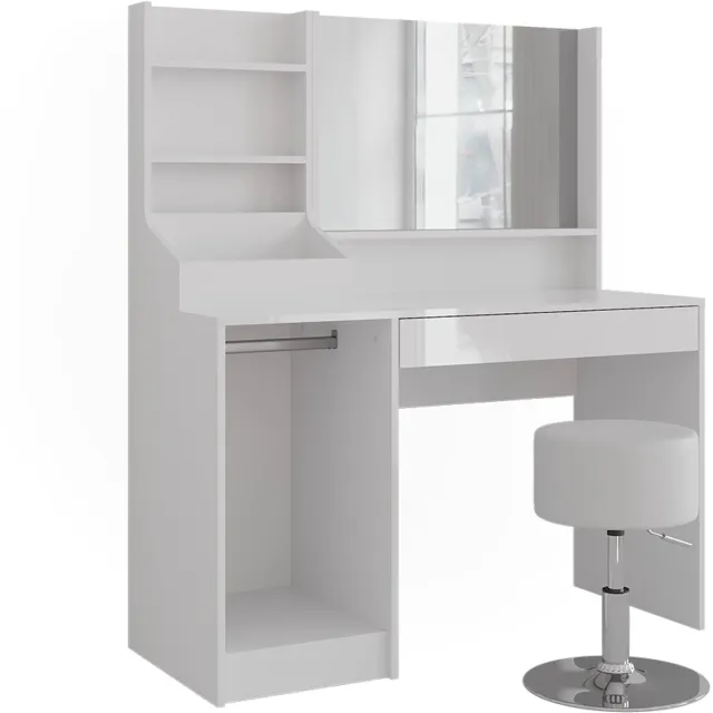 Vicco Kaptafel Sherry, Wit/Wit Hoogglans, 119.8 cm met spiegel en kruk