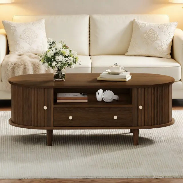 Clruro Salontafel - 100x50x36 cm - Met Lade En Open Opbergruimte - Roldeur - MDF - Walnootkleur
