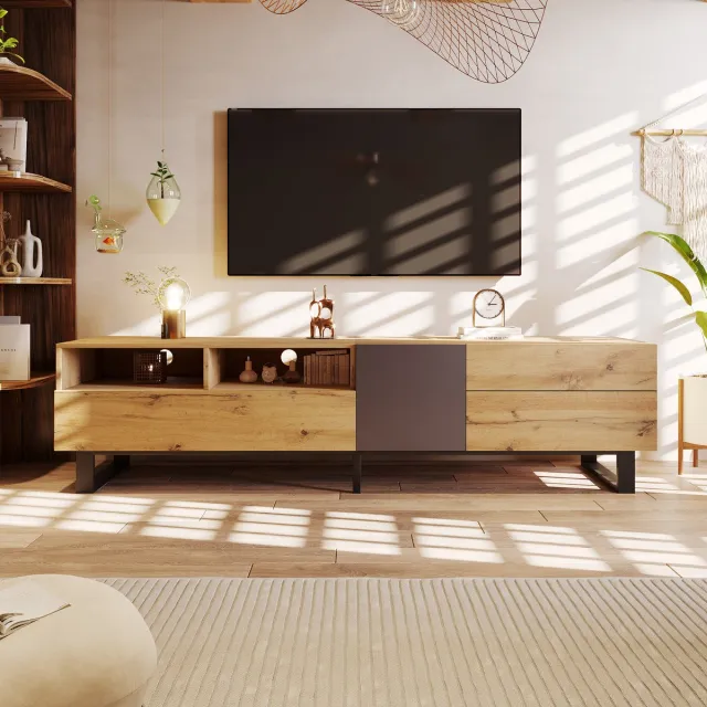 Clruro Moderne TV-kast - Houtstructuur - 180 cm - Kleurovergang en LED Verlichting Zwart+Grijs