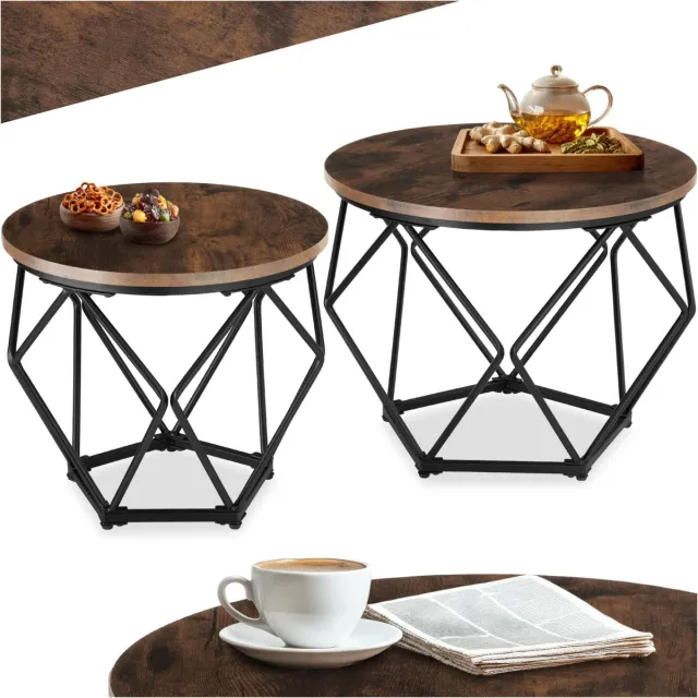 Tectake salontafel set van 2, ruitvormige bijzettafel, industrieel design, voor woonkamer, slaapkamer, kantoor, houten tafelblad, zwart metalen frame (industrieel donkerbruin)