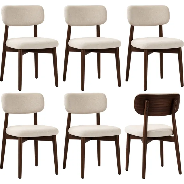 Mihtrov Massief hout eetkamerstoelen Set van 6 – Gestoffeerde keukenstoelen – Poten van massief hout – Ergonomische gebogen rugleuning – Mid-century modern – Geschikt voor keuken, eetkamer en kaptafel – Beige