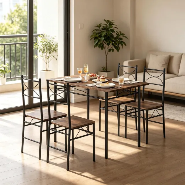 CHICFURN Eettafelset - 4 personen - compact - 5-delig - rustiek bruin en zwart