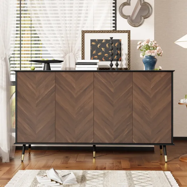 REDOM Sideboard - Visgraatpatroon En 4 Deuren - Modern - Voor Woonkamer Of Eetkamer - MDF - Zwart En Bruin - 140 X 40 X 80 Cm Zwart, Bruin