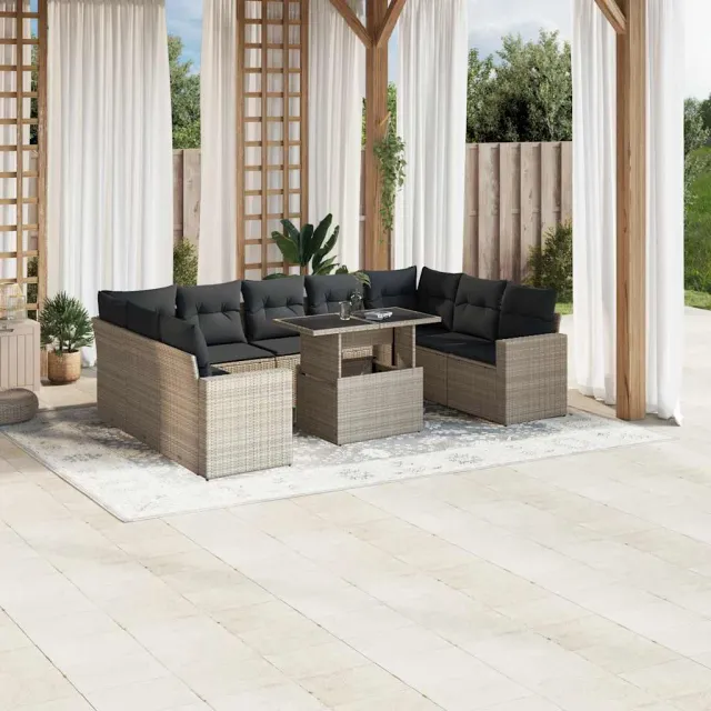 vidaXL 10-delige Loungeset met kussens poly rattan lichtgrijs