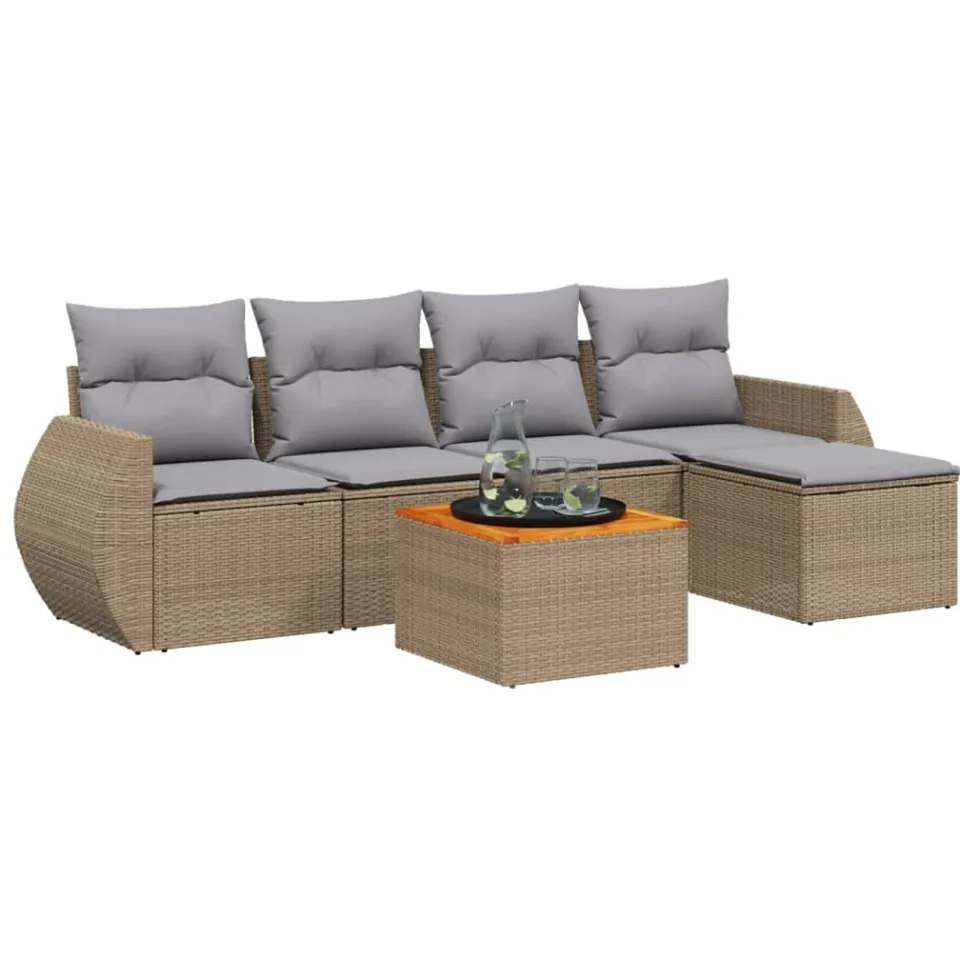 vidaXL 6-delige Loungeset met kussens poly rattan beige, foto 3