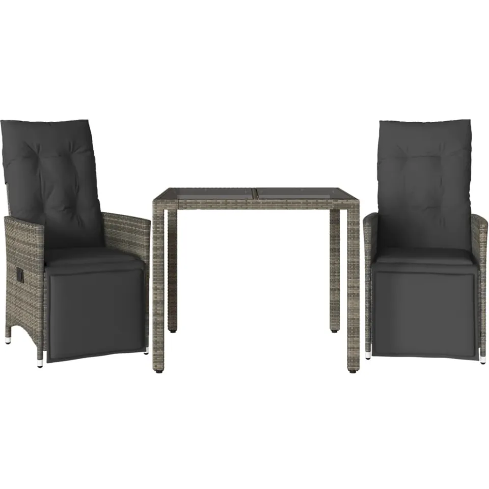 vidaXL 3-delige Bistroset met kussens poly rattan grijs, foto 3
