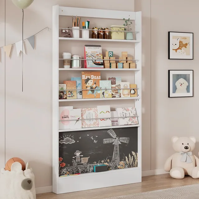 BLACKCOLORS Boekenplank voor prentenboeken, vitrinekast, boekenkast, boekenkast voor kinderkamer, opbergrek met 4 niveaus + zwart te schilderen plank, kantelbeveiliging/ruimtebesparend, boekenkast achter de deur, 100*10*180 cm Wit