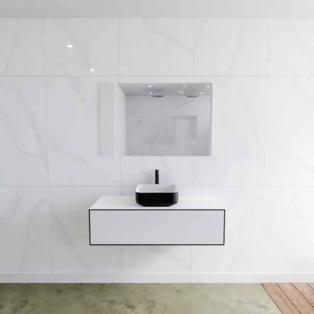 Mondiaz Badkamermeubelset Mondiaz LAGOM 110 cm Topblad met Gecentreerde Wastafel Solid Surface Opzetkom Binx met 1 Kraangat Mat Zwart (1 lade)