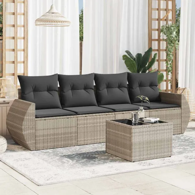 vidaXL 5-delige Loungeset met kussens poly rattan lichtgrijs grijs, foto 2