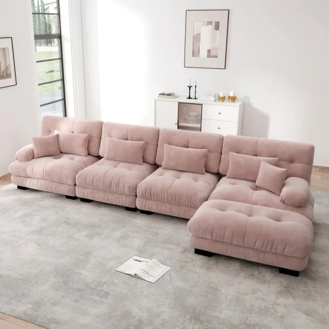 MODENUIT Hoekbank 406 cm - Modulaire L-vorm - Met Verplaatsbare Ottoman - Voor Woonkamer En Bureau - Chenille - Roze Pink