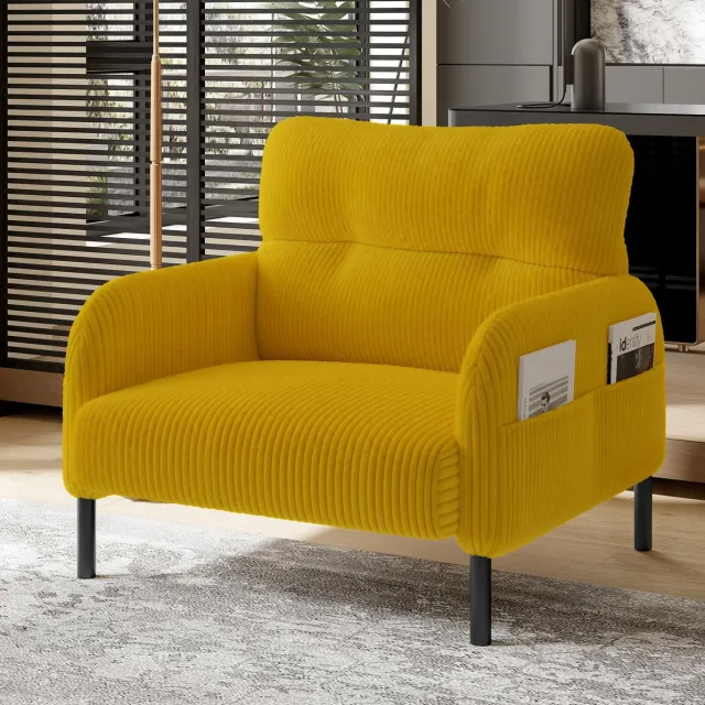 REDOM Fauteuil met armleuningen en zijvakken - Diepe zit - Metalen frame - Moderne stijl - Woonkamer, slaapkamer en kantoor - Stof - Geel - 67 x 75 x 79 cm
