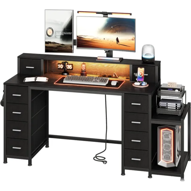 HILINSIE Bureau met 10 stoffen schuifladen 128x48cm. Monitorst. Zwart ,Led-gamingtafel, 2 stopcontacten, USB, type C. Voor gaming en thuiskantoor. 128 x 48 cm, zwart, stabiel. Ref