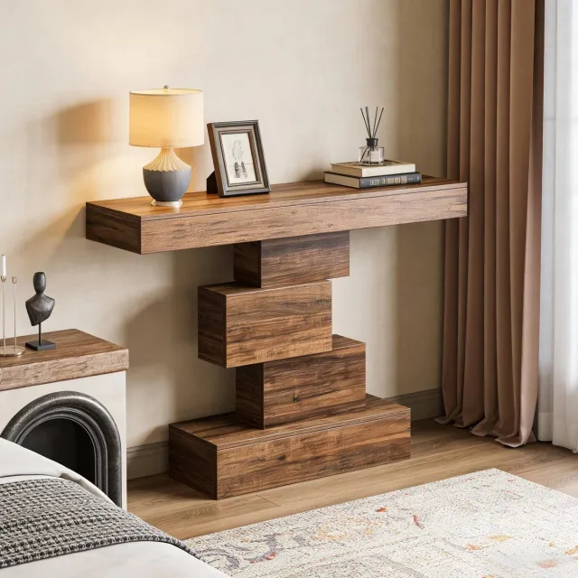 Wishdor Sidetable - Geometrisch design - Modern - Voor hal en woonkamer - Houtlook in donkerbruin - Voor decoratie en planten - Rechte vorm - 108 x 30 x 80 cm Dark Brown