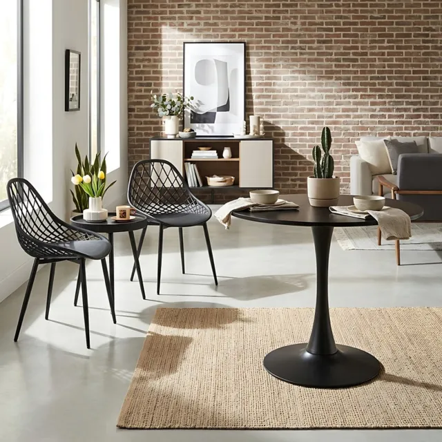 EGGREE Combinatieset: 3-delige tafel- en stoelenset + Ronde Zwarte eettafel - Salontafel bijzettafel - Geschikt voor woonkamer, slaapkamer, lounge, eetkamer en kantoor - 80 x 80 x 73 cm - Tafelblad met gesplitst ontwerp
