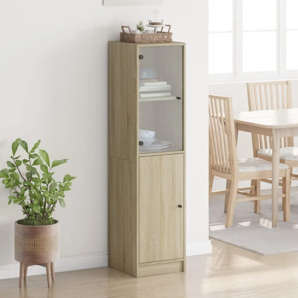 vidaXL Hoge kast met glazen deur 35x37x142 cm sonoma eikenkleurig, foto 3