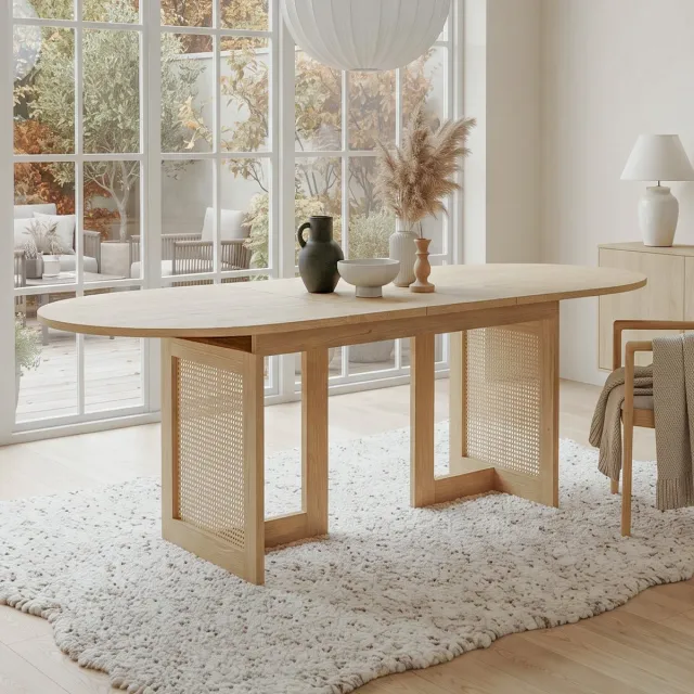 Zubaliya Uitklapbare Eettafel 120/160 cm - Uitbreidbare Tafel Met Afgeronde Hoeken En Rotan Poten Eiken