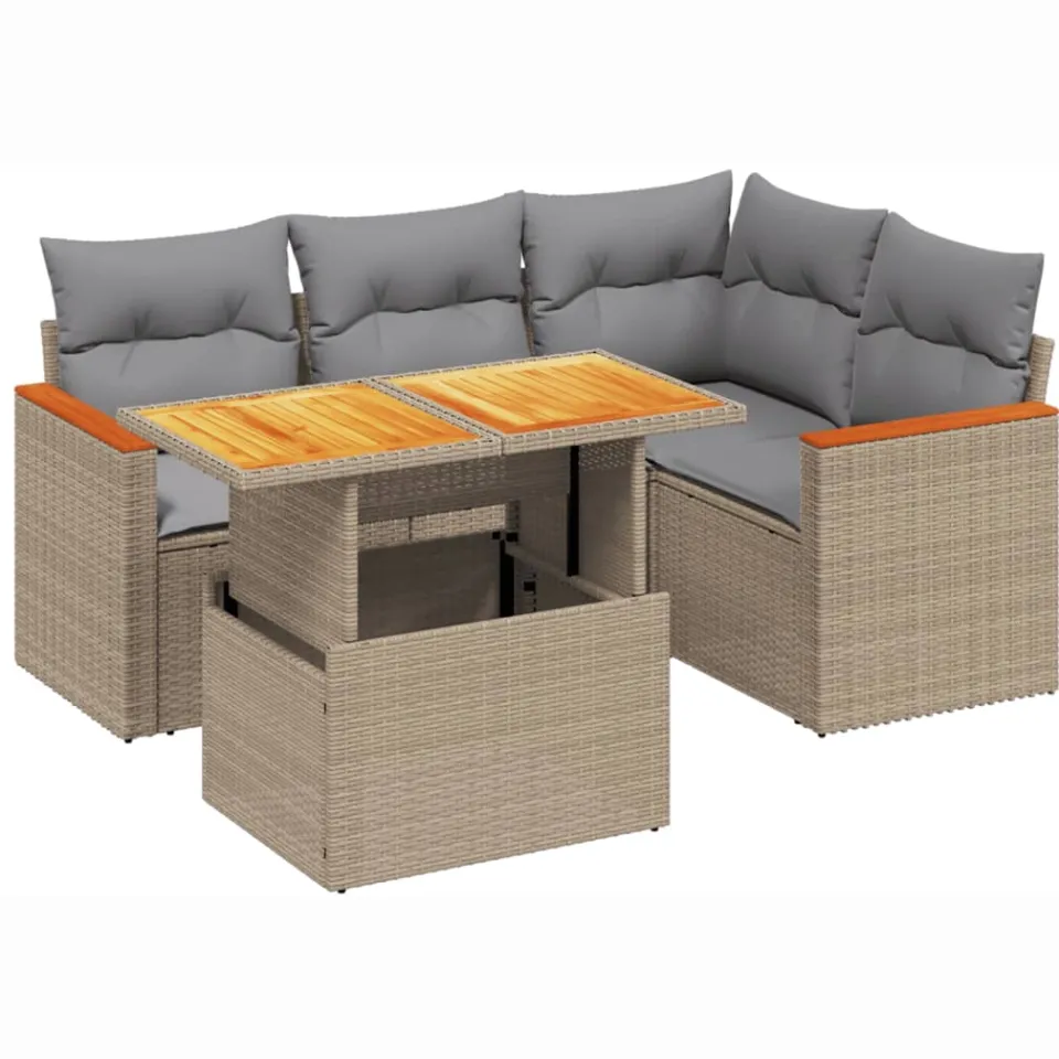 vidaXL 5-delige Loungeset met kussens poly rattan beige, foto 3