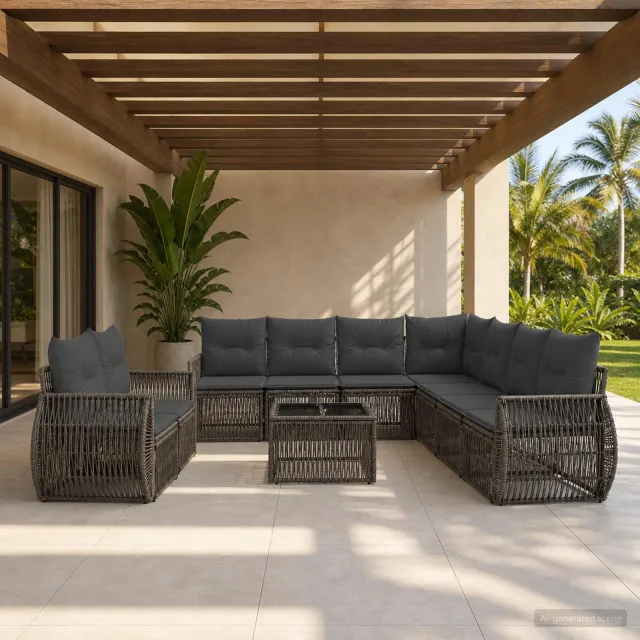 vidaXL Tuinbankenset 10 st 9-zits Grijs en Donkergrijs poly rattan, foto 2
