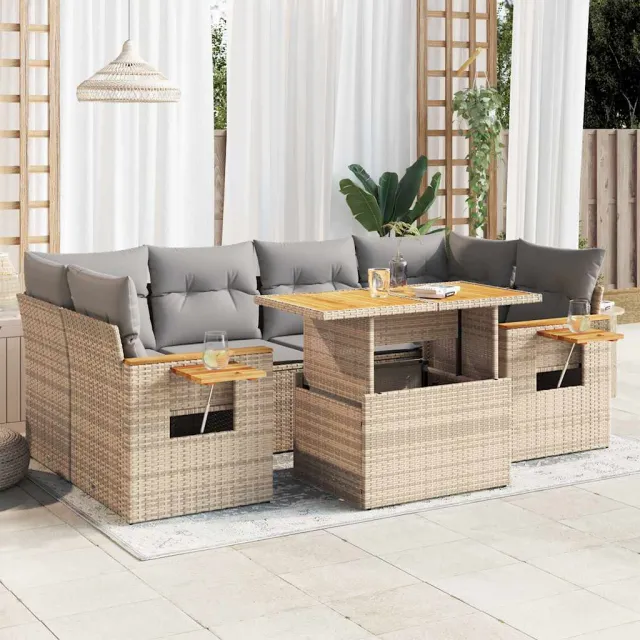 vidaXL 7-delige Loungeset met kussens poly rattan acacia beige, foto 2