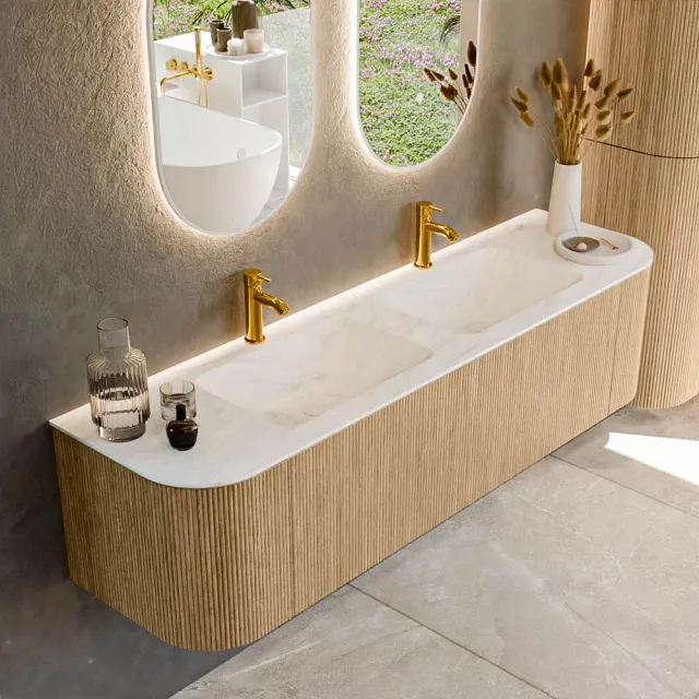 Mondiaz KURVE-DLUX 170 cm Onderkast Greeploos 1 Lade Met Deuren Oak, Wastafel Solid Surface Dubbel Opalo 2 Kraangaten Zonder Spiegel (KRVLEA170L+R1L2D2KD-Oak/Opa)