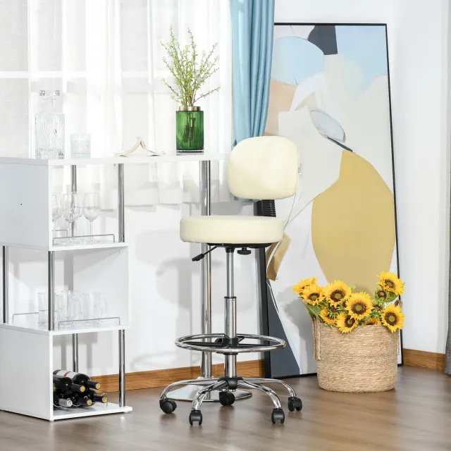 HAUSS SPOLE Drehbarer Barhocker met rugleuning, hoogte verstelbaar 72-95 cm, PU Bezug beige, 56x57x104-127 cm voor keuken en bar