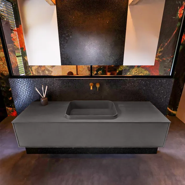 Mondiaz Badkamermeubelset Mondiaz Erin 150 cm met 1 Lade met RIDGE Wastafel Midden Dark grey Zonder Kraangaten Greeploos Mat Dark Grey Grijs