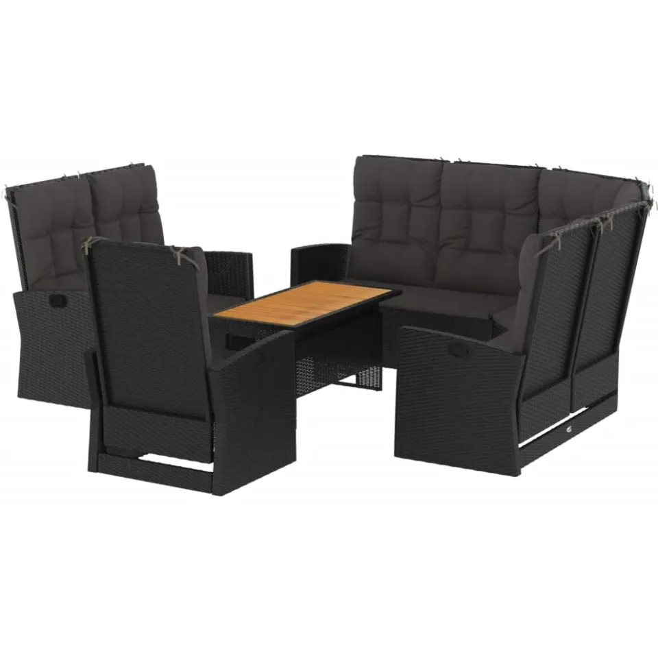 vidaXL 4-delige Loungeset met kussens poly rattan zwart