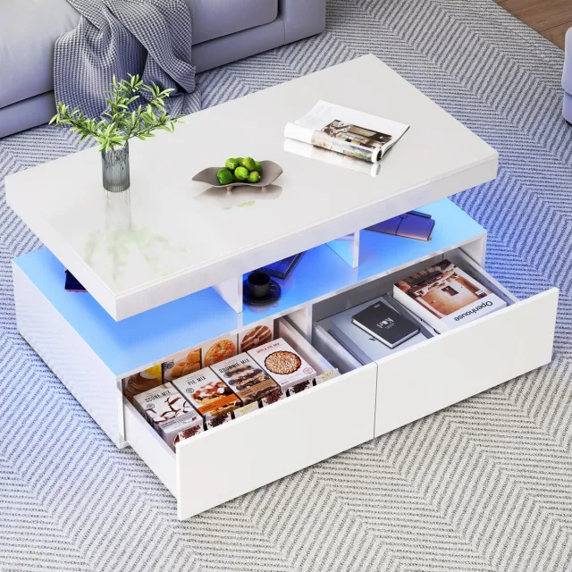 ROSAHQNDA Salontafel 104x53x46 cm, koffietafel met LED-verlichting en 2 lades, multifunctionele tafel met opbergruimte voor woonkamer, moderne tafel, wit