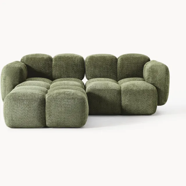Westwing Collection Modulaire teddy bouclé bank Tayla (2-zits) met poef (links/rechts) groen