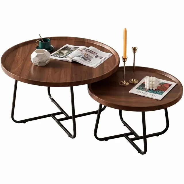 Niamora Salontafel rond - Salontafel - Bijzettafel - Koffietafel - Set van 2 - Walnoot verf - Modern - Mid century stijl.