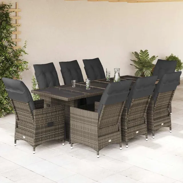 vidaXL 9-delige Bistroset met kussens poly rattan grijs, foto 2