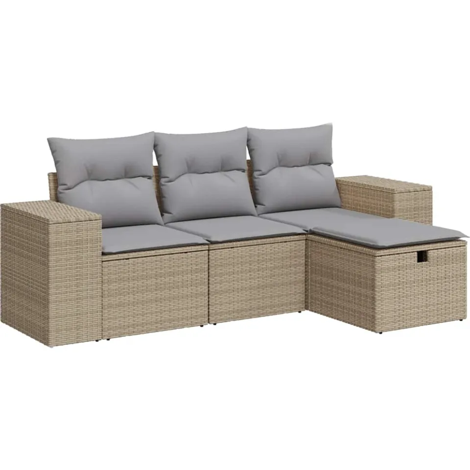 vidaXL 4-delige Loungeset met kussens poly rattan beige, foto 3