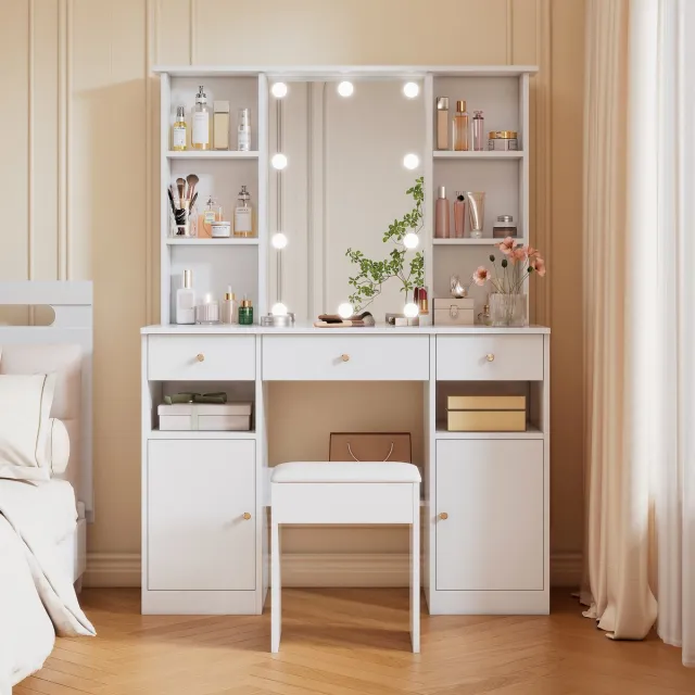 REDOM Kaptafel - Met Spiegel en Verstelbare Verlichting - Hollywoodstijl - Hout - Wit - 110 × 40 × 151 cm