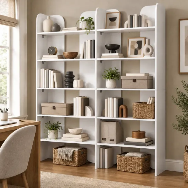 Wishdor Boekenkast met 5 open niveaus - Scheidingswand per niveau en metalen beslag - Modern en minimalistisch - Woonkamer werkkamer slaapkamer kantoor - Bewerkt hout - Wit - 135 x 25 x 160 cm
