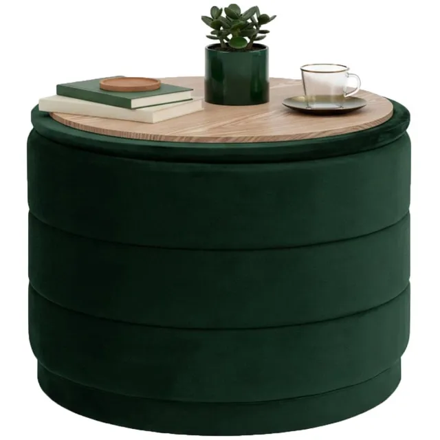 Famanu Ottomaanse ronde voetenbank met deksel, opvouwbaar met tafel voor woonkamer, slaapkamer en hal, fluweel, flessengroen, 58 x 58 x 44 cm