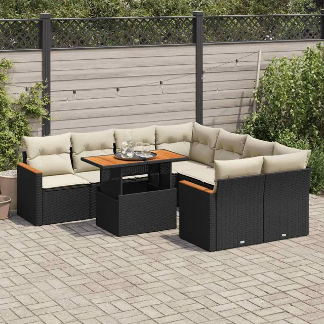 vidaXL 9-delige Loungeset met kussens poly rattan acacia zwart, foto 2