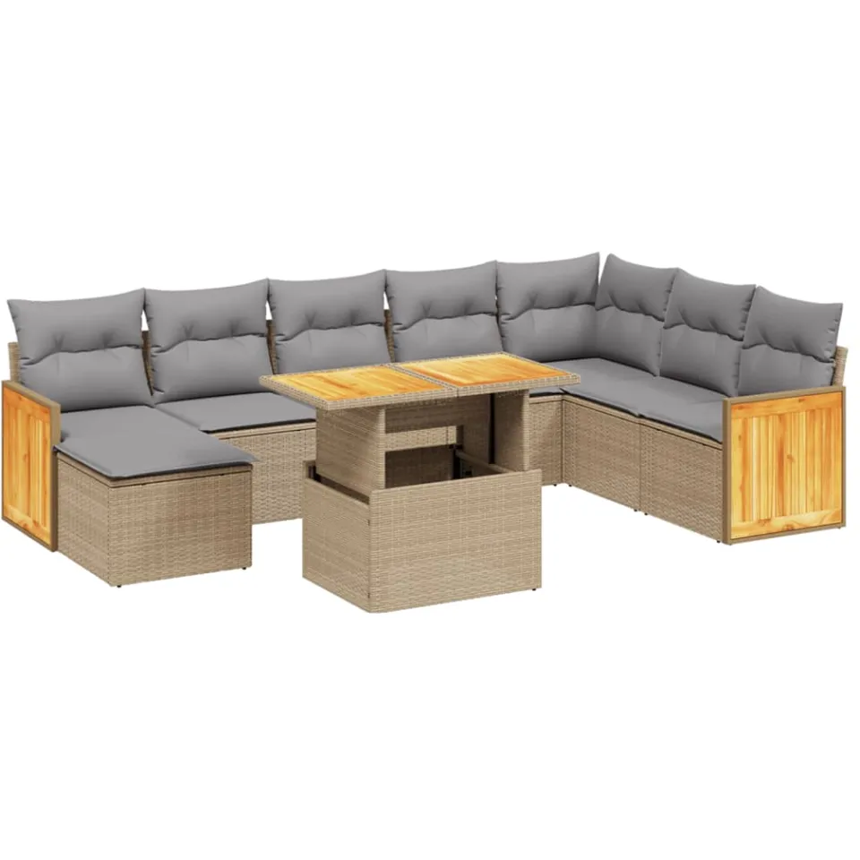 vidaXL 9-delige Loungeset met kussens poly rattan beige