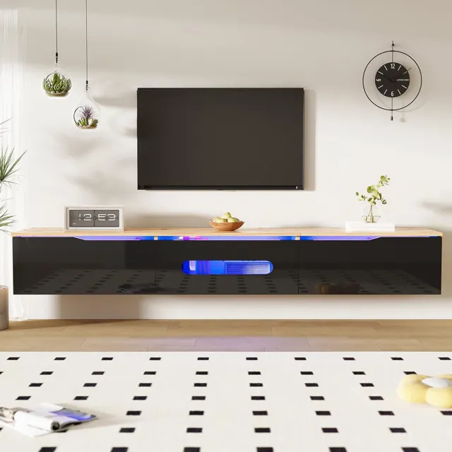 KOMHTOM BLACKCOLORS - TV-meubel - 180 cm - Glanzend Oppervlak - Met 16 Kleuren LED-verlichting - Muurmontage Mogelijk Zwart + hout