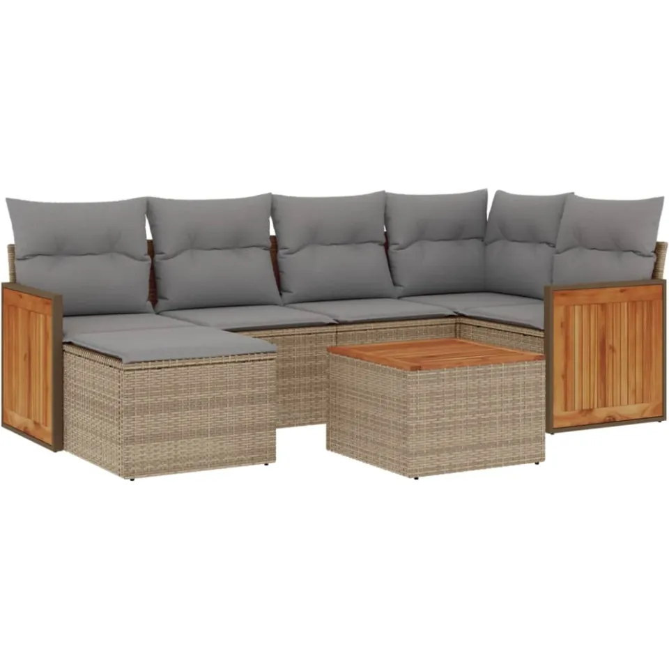 vidaXL 7-delige Loungeset met kussens poly rattan beige, foto 3