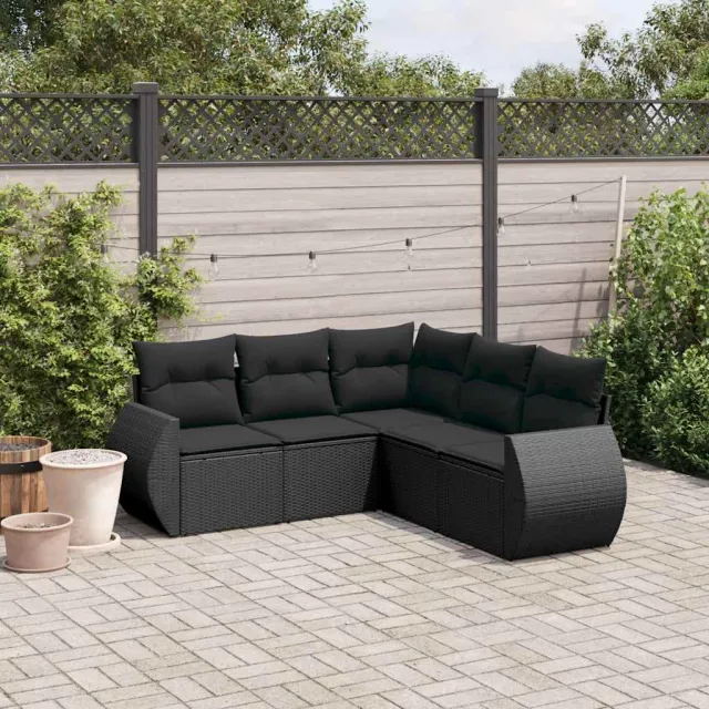 vidaXL 5-delige Loungeset met kussens poly rattan zwart, foto 2