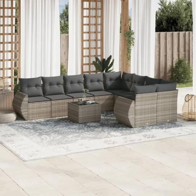 vidaXL 10-delige Loungeset met kussens poly rattan lichtgrijs grijs, foto 2